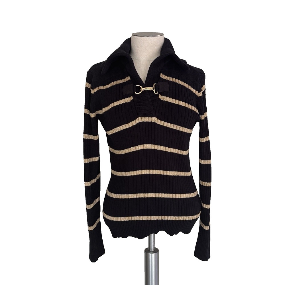 Lauren Ralph Lauren Women's L Sweater Black Gold Stripe Equestrian Buckle Ribbed